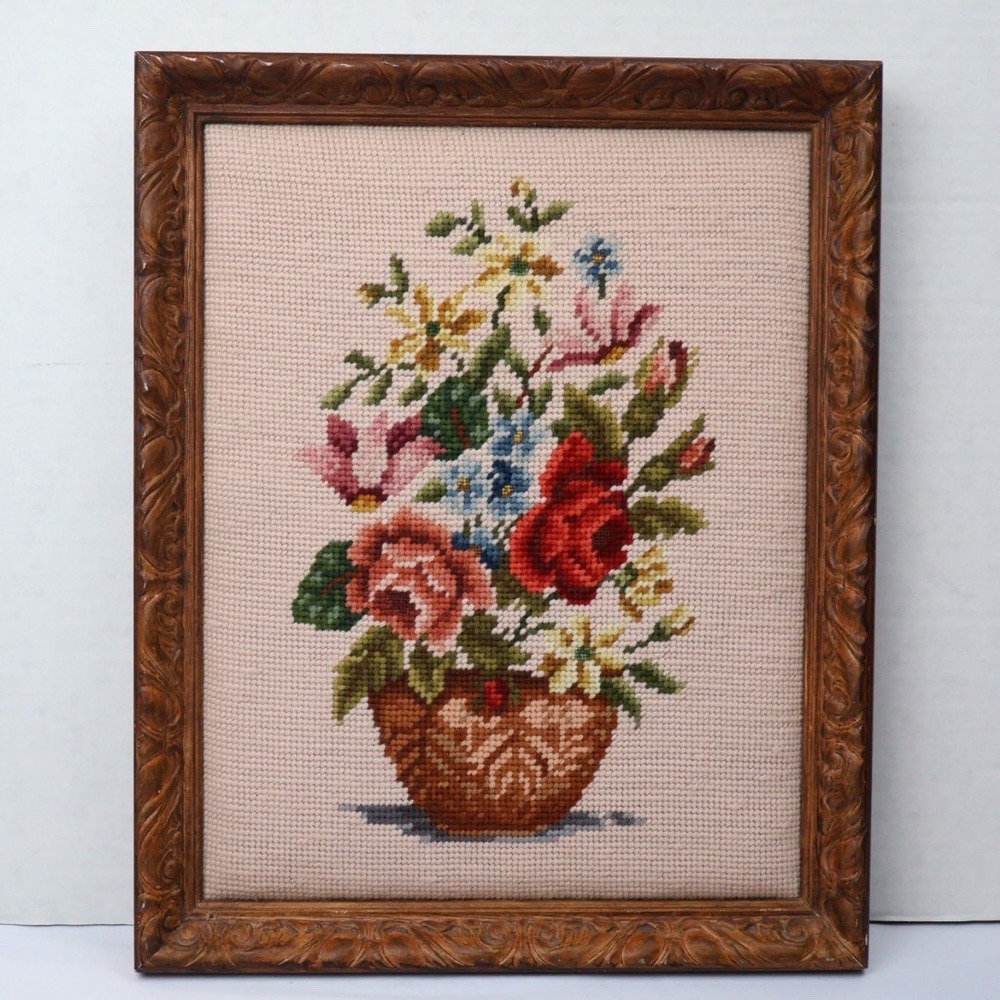 VTG Floral Needlepoint Framed Wall Art Flower Basket Wood Frame Cottage Core